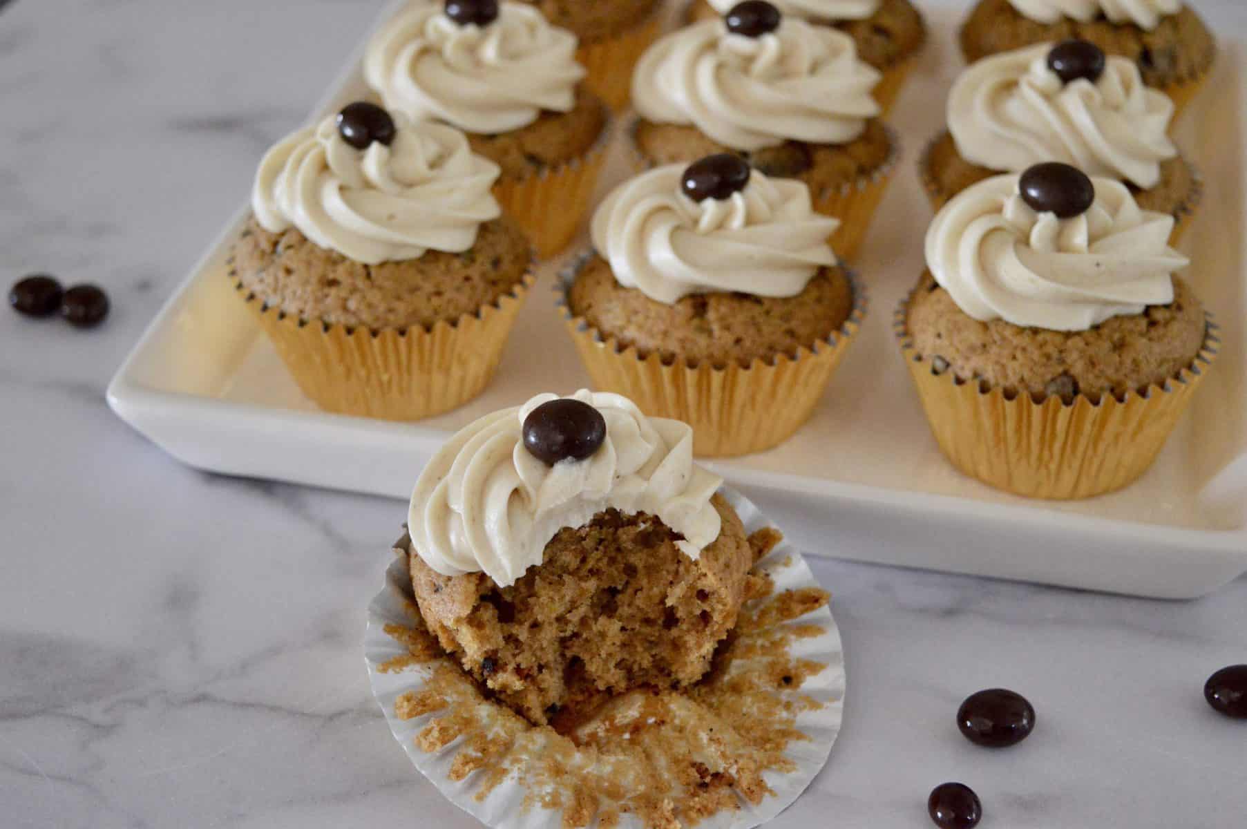 Espresso Cupcakes on a white serving platter. 