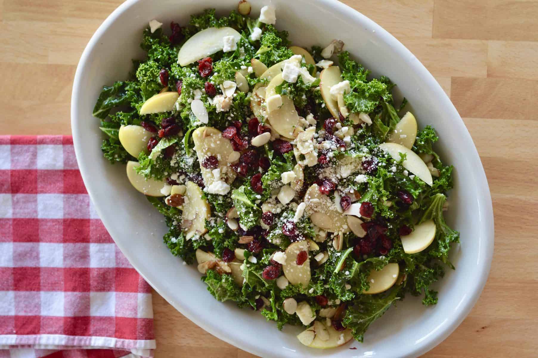 overhead photo of salad in a white serving platter. 