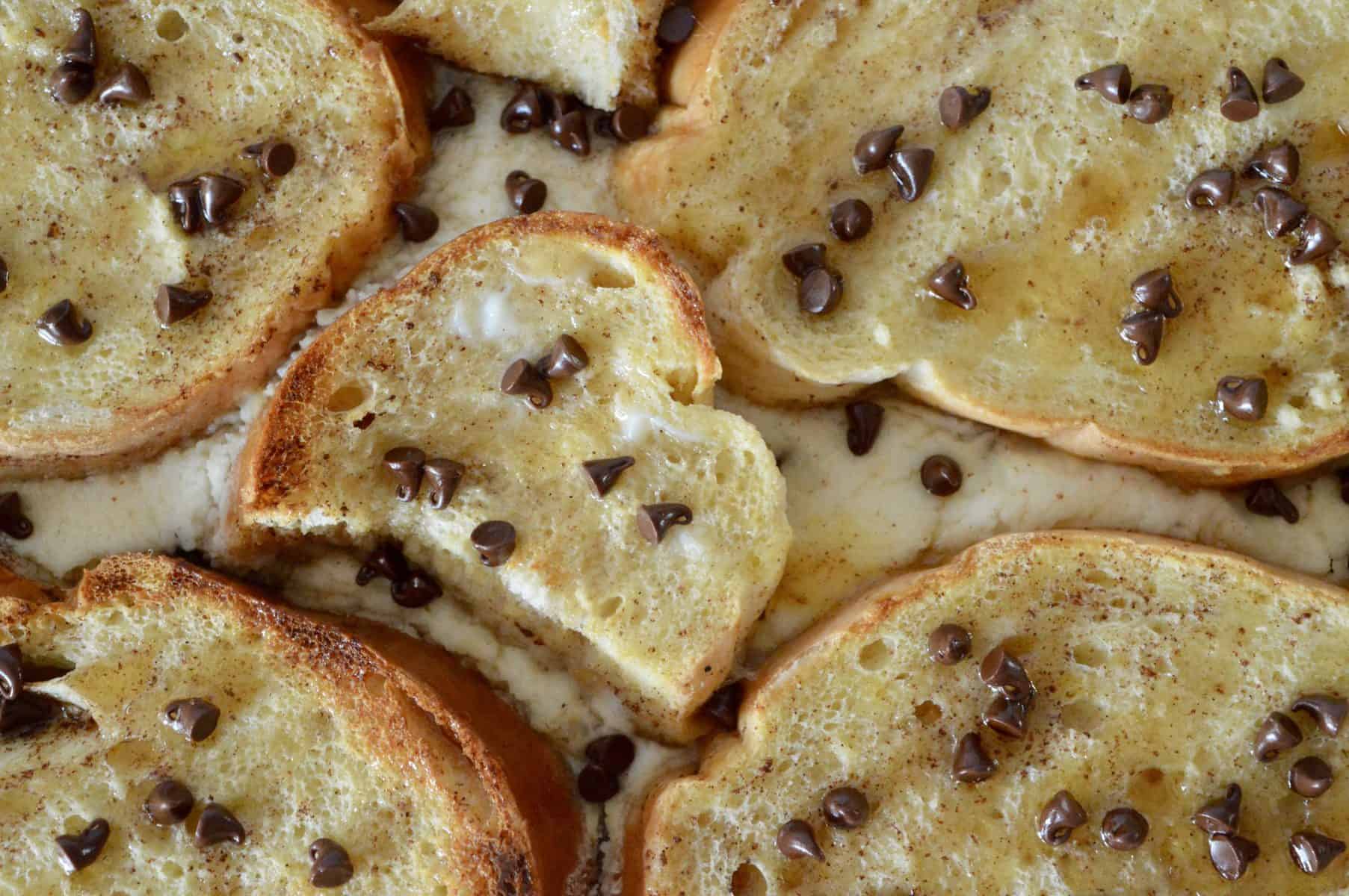 overhead close up photo of cannoli baked French toast. 