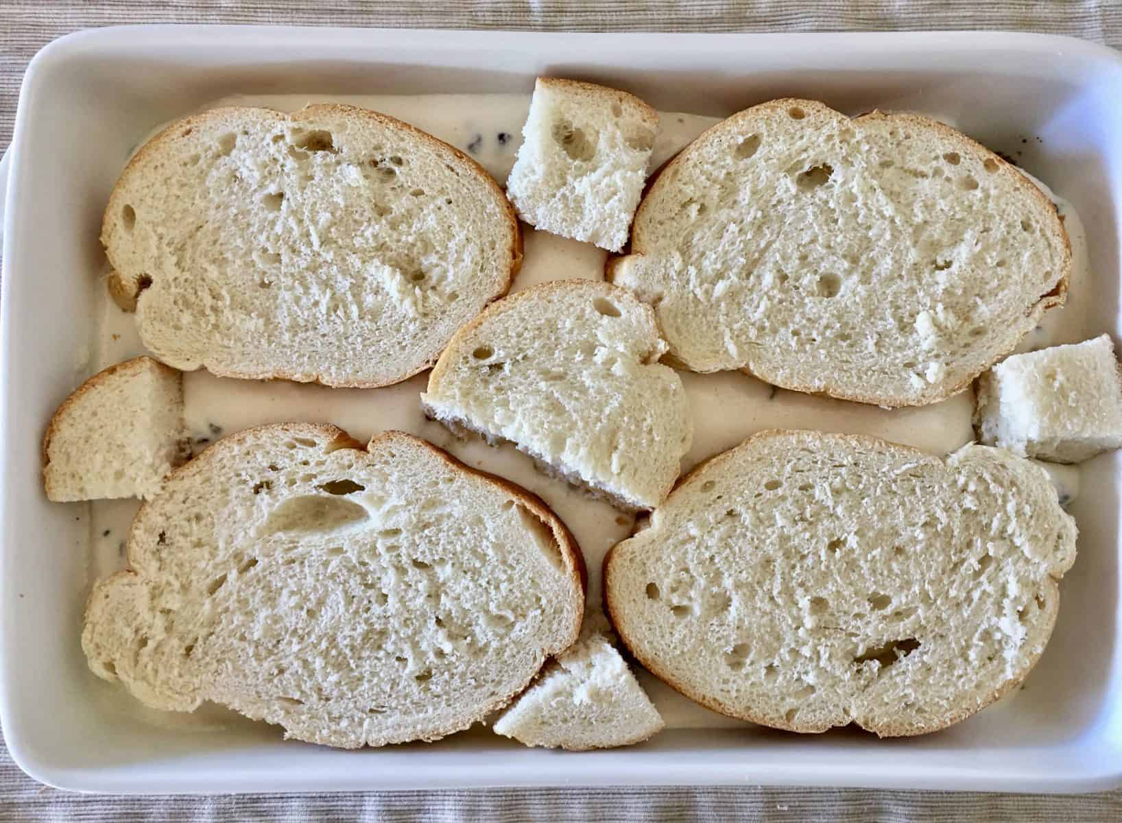 bread on top of the cannoli layer in the casserole dish. 