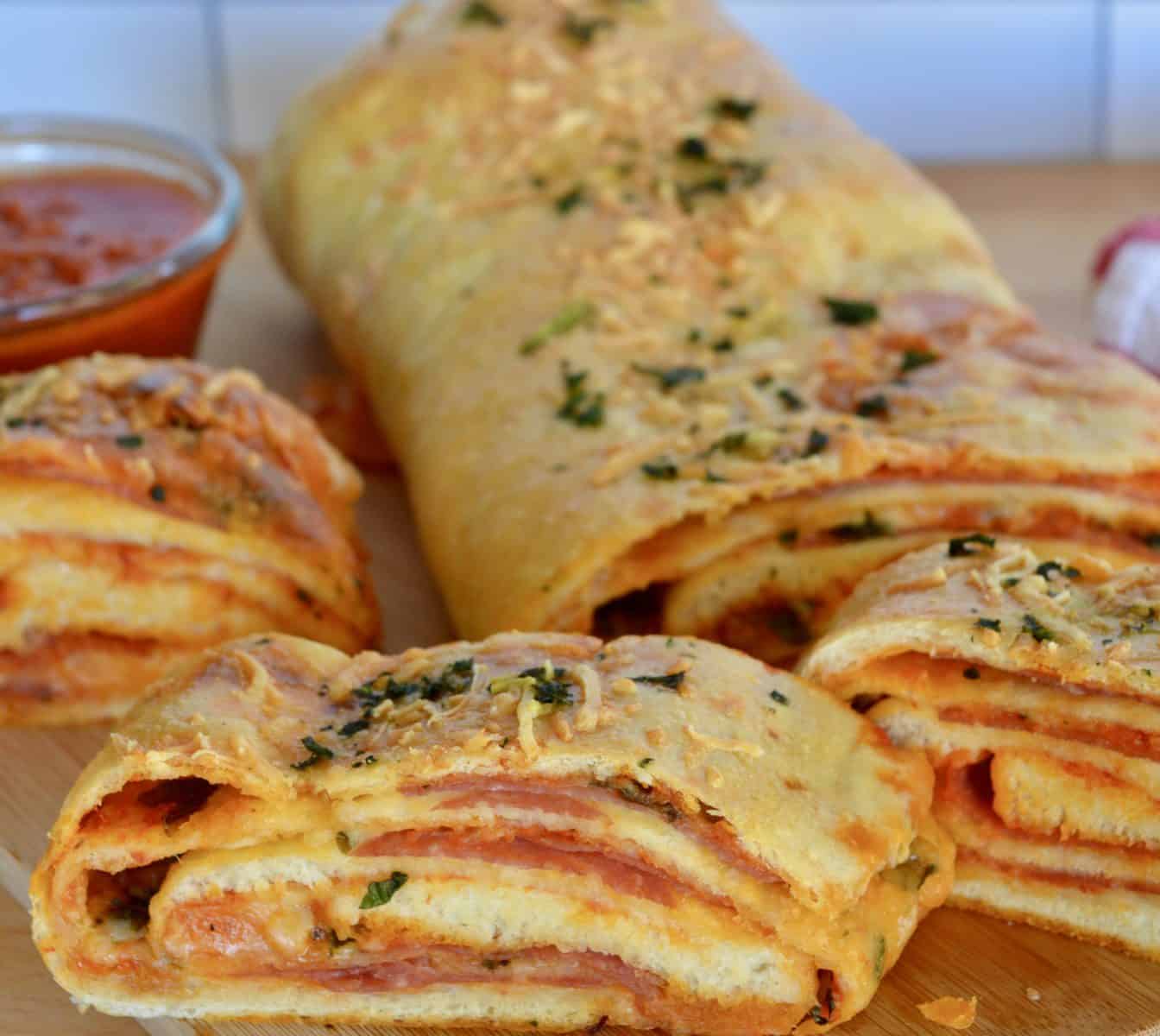 Stromboli on a cutting board.