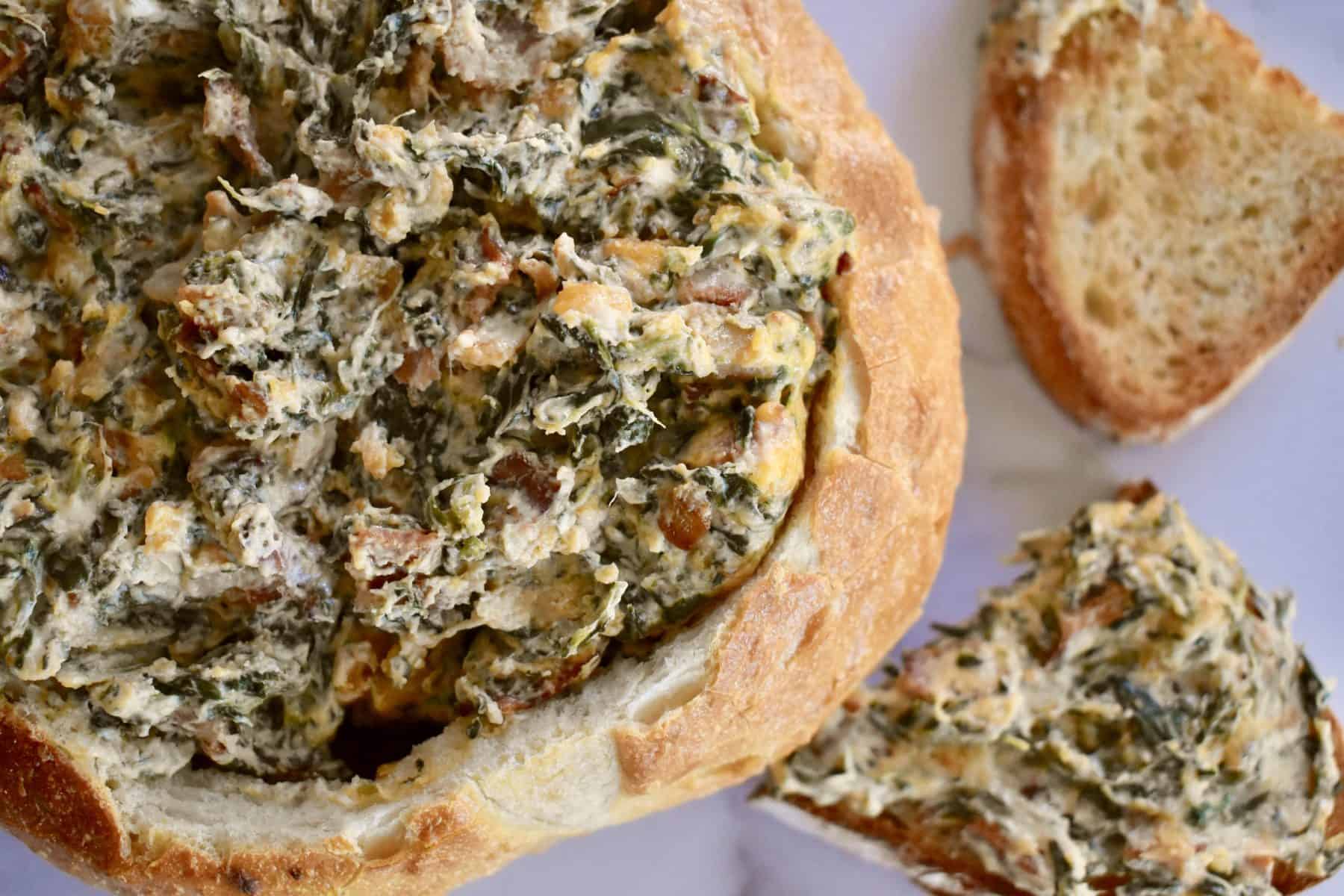 Overhead picture of bacon spinach dip loaf. 