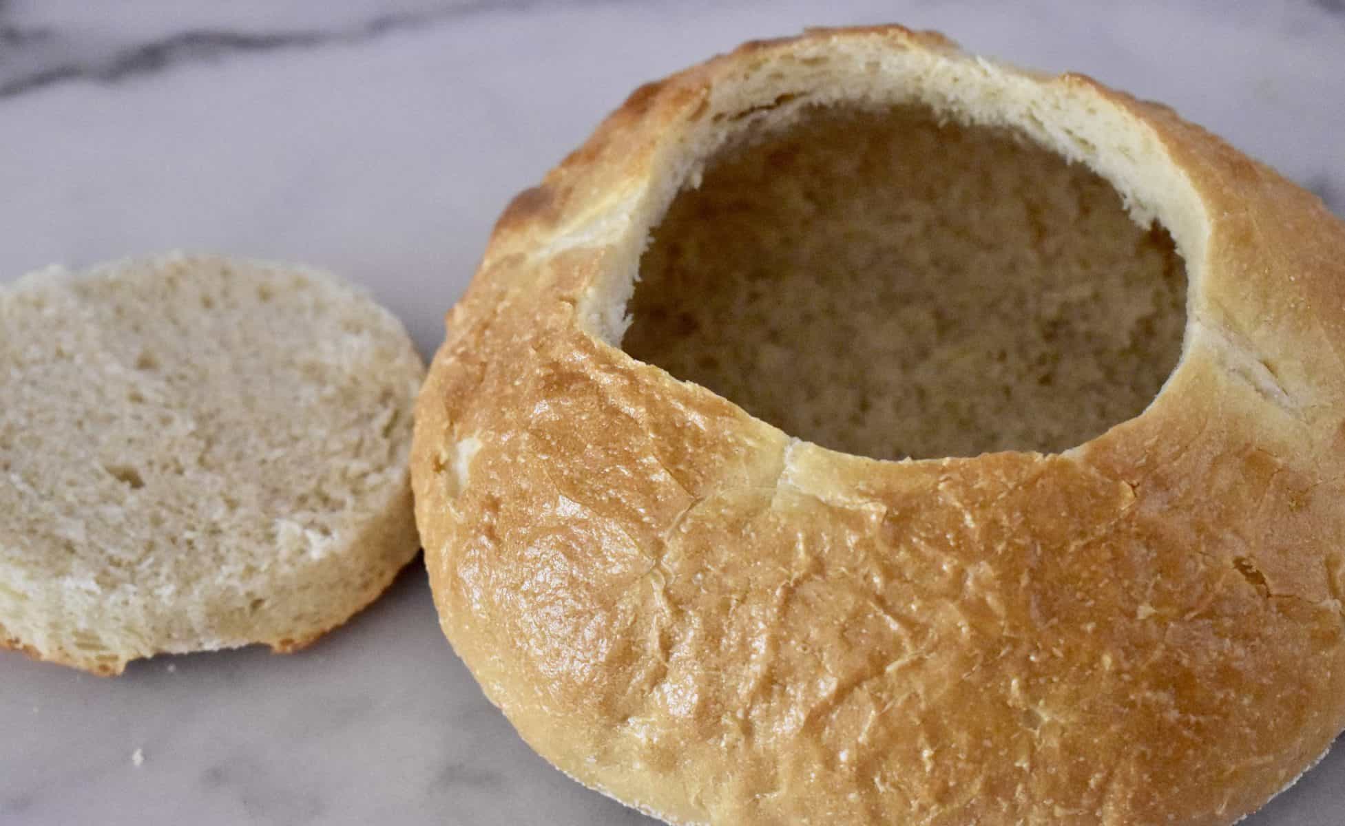 hollowed out sourdough bread roll. 