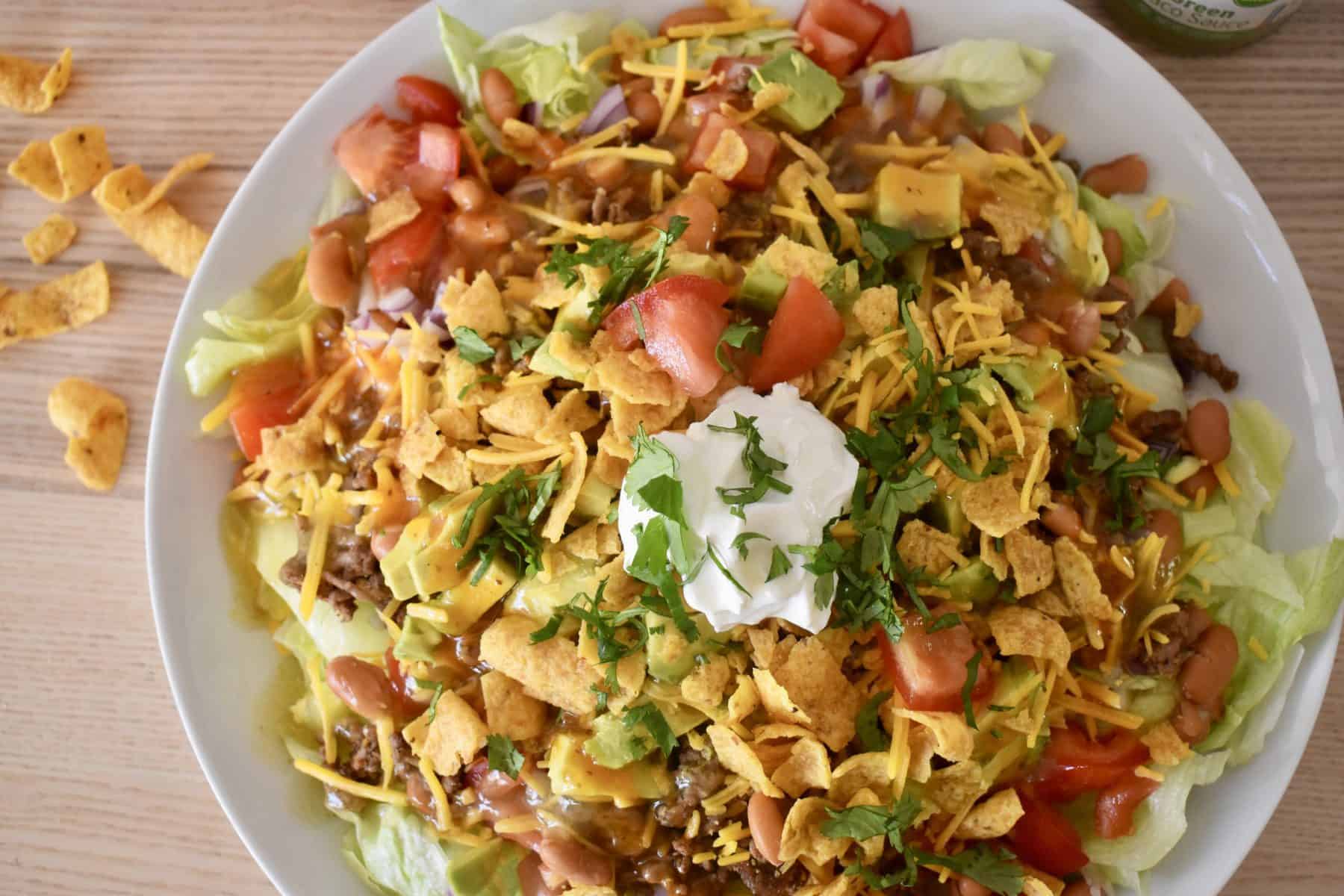 Overhead photo of Frito Taco Salad. 