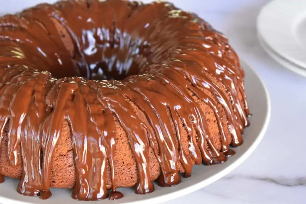 Chocolate Ricotta Bundt Cake with chocolate glaze.