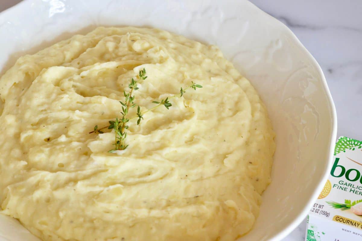Boursin Mashed Potatoes in a white bowl. 