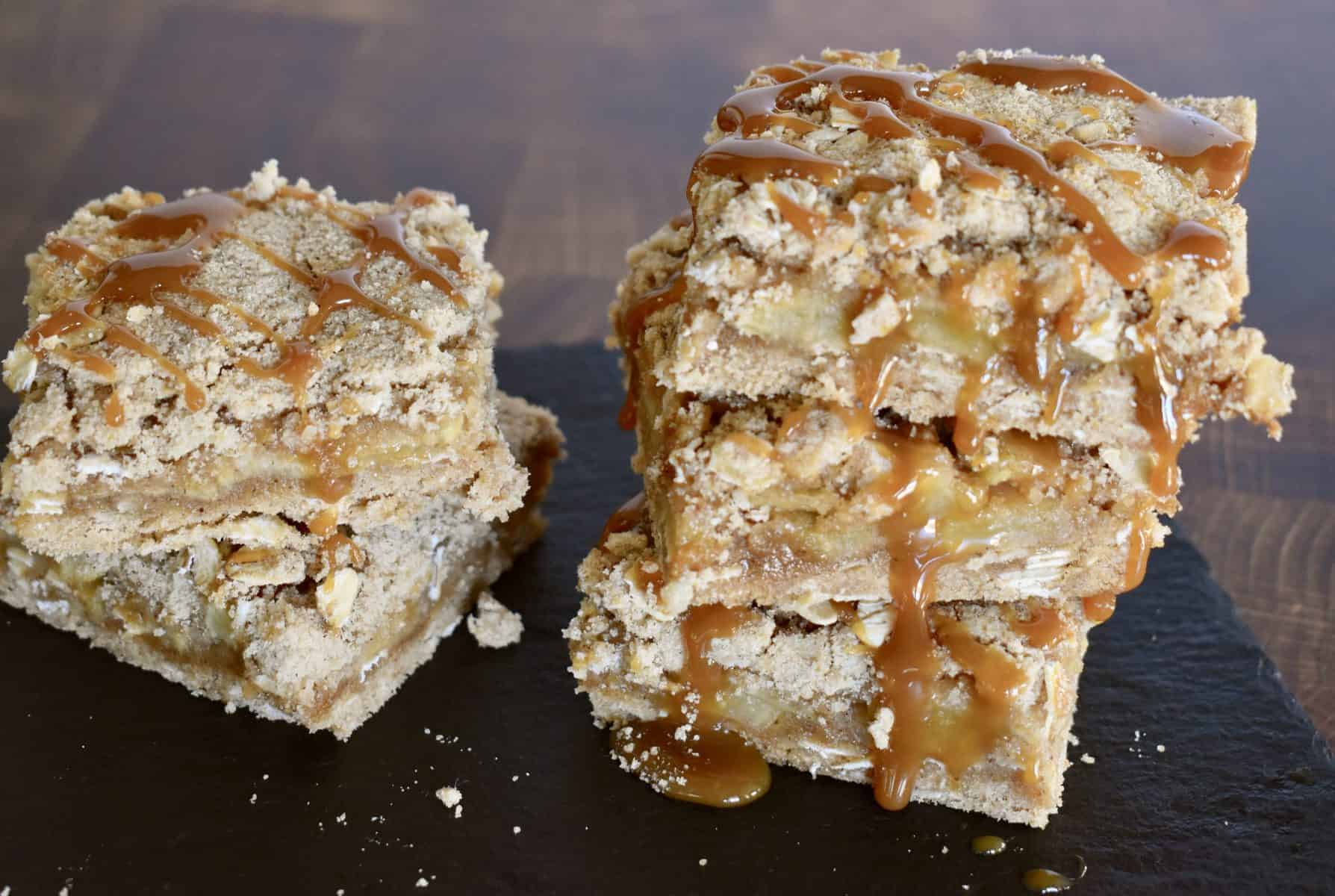 Caramel Apple Squares on a black board. 