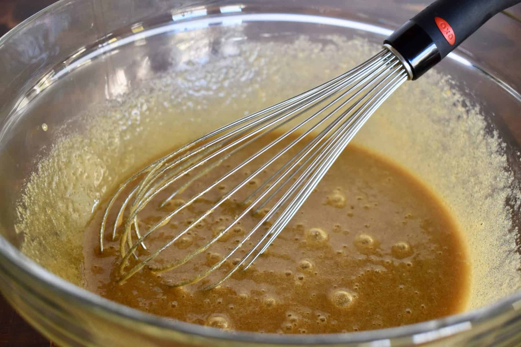 melted butter, brown sugar and eggs whisked together in a large bowl. 