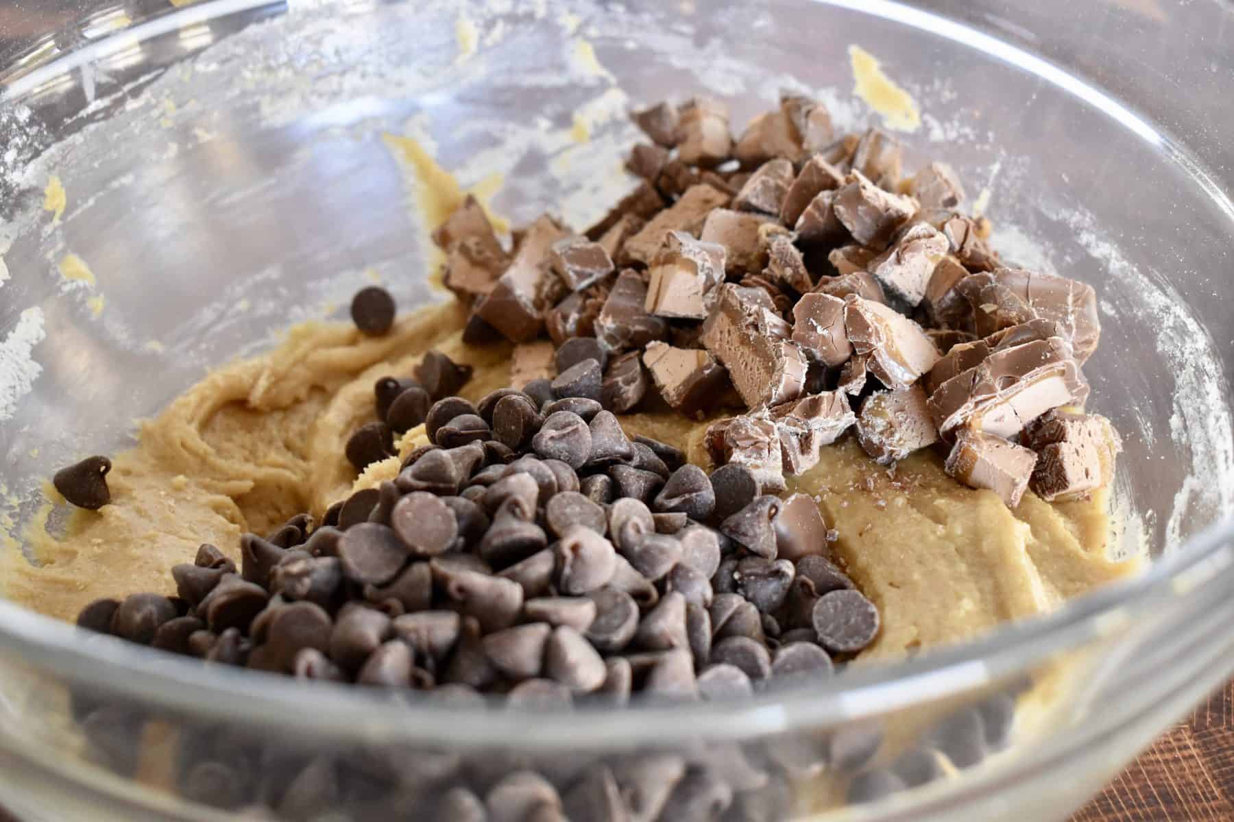 chunks of Milky Way and chocolate chips on top of the batter. 