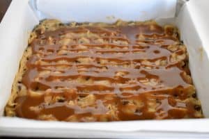 caramel sauce drizzled over top of the bars.