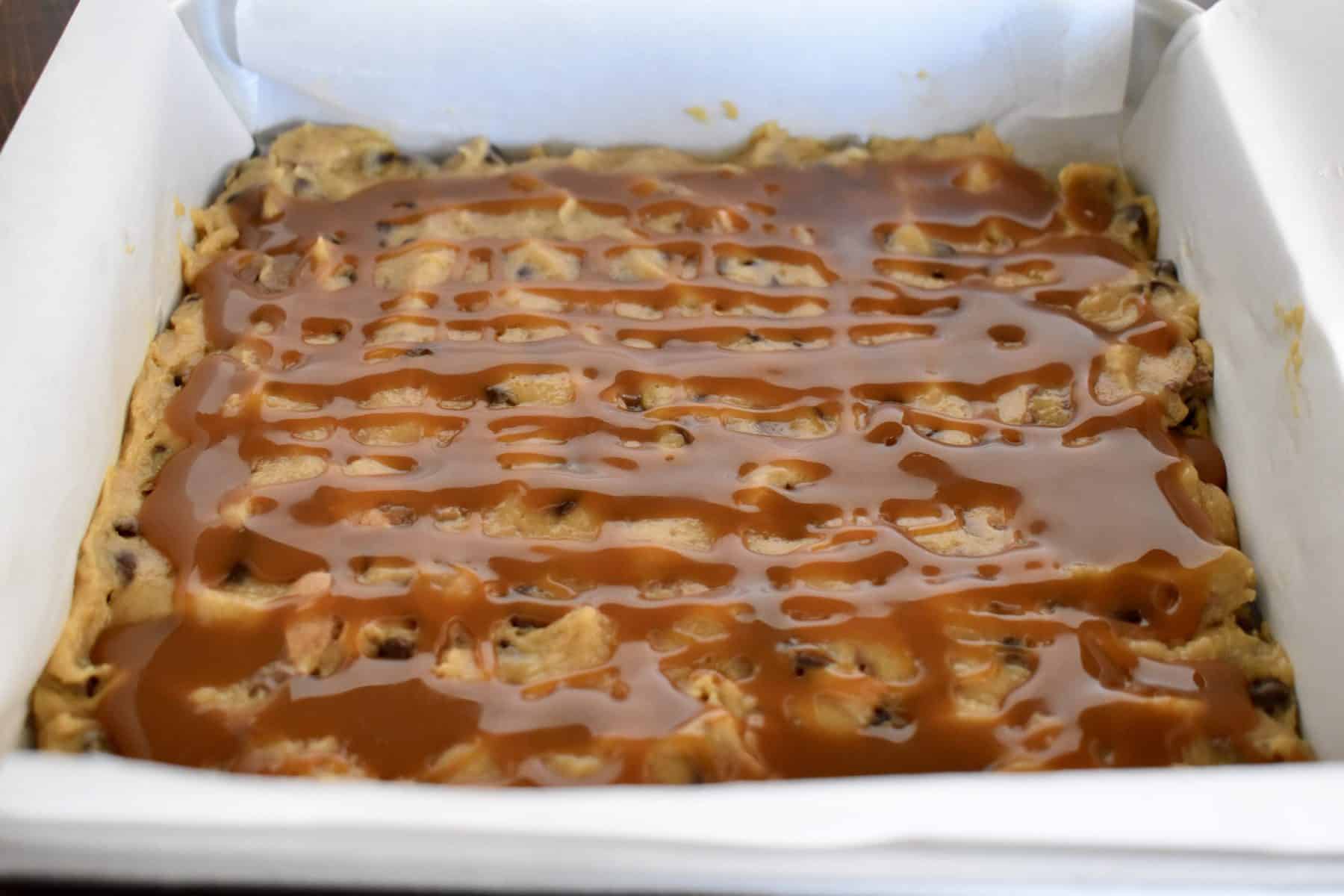 caramel sauce drizzled over top of the bars. 