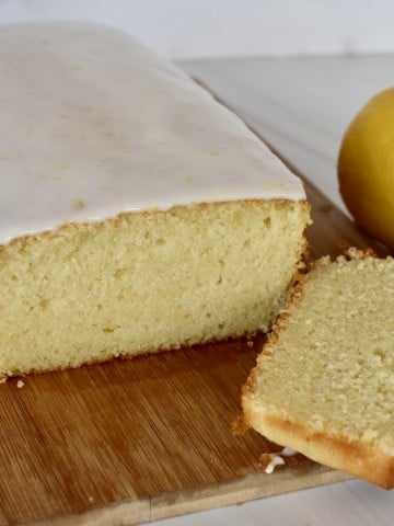 Lemon Ricotta Pound Cake on a cutting board.