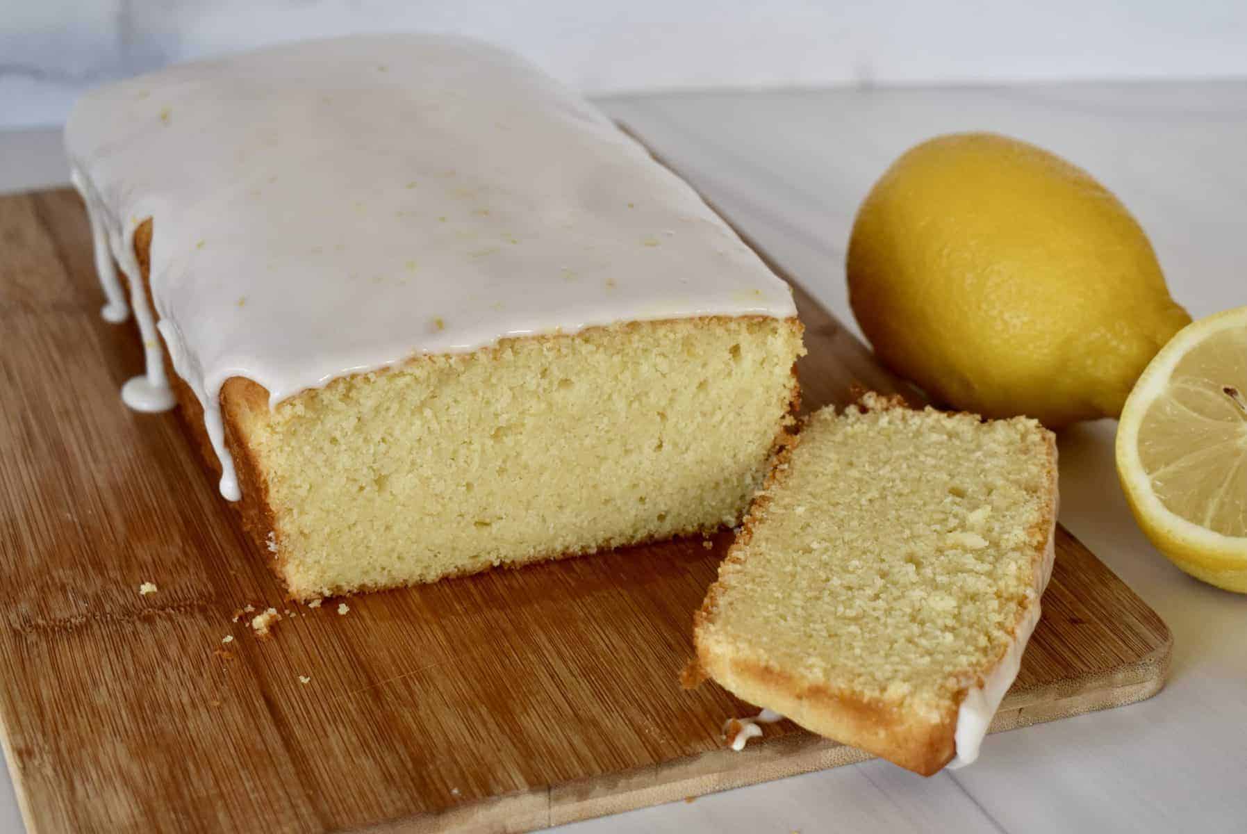 Lemon Ricotta Pound Cake on a cutting board. 