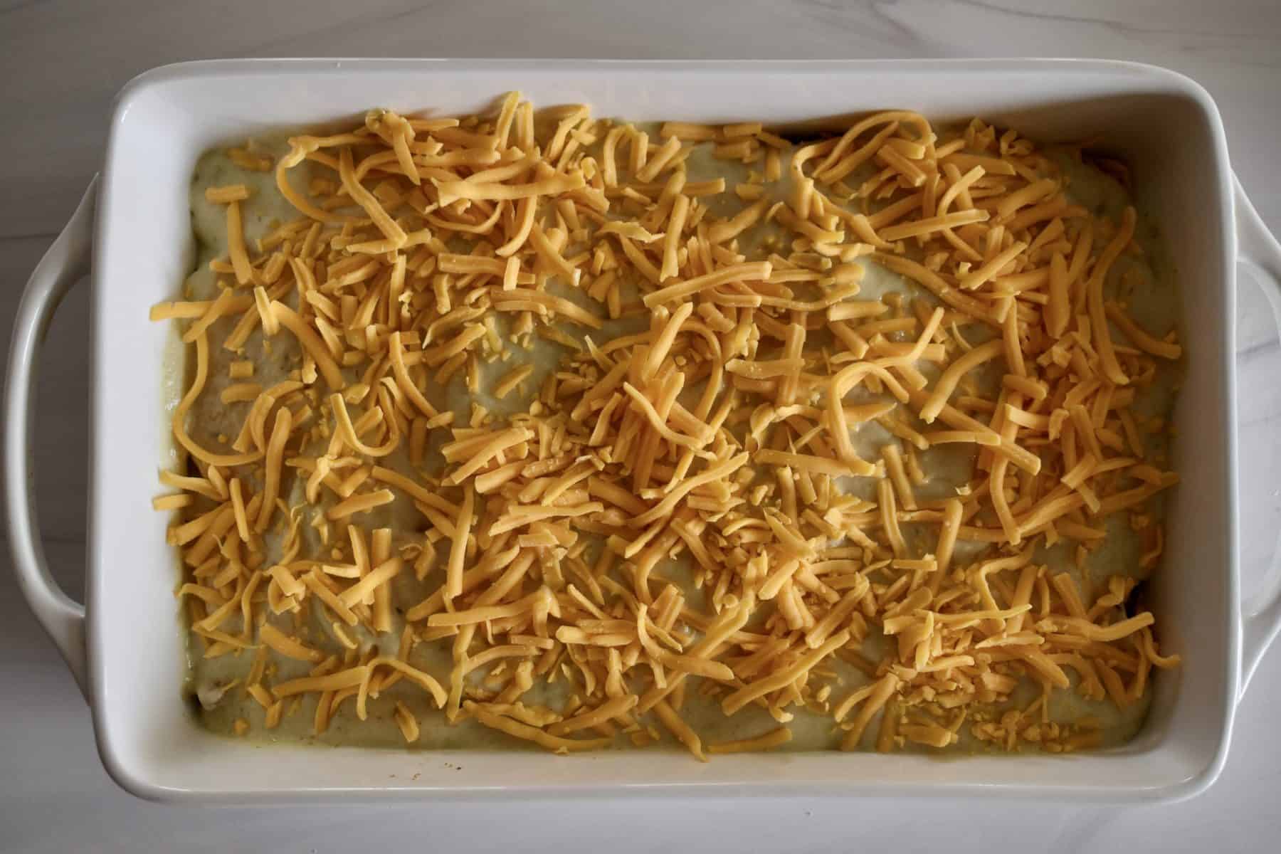 Green Chili Enchilada Casserole ready to be baked. 