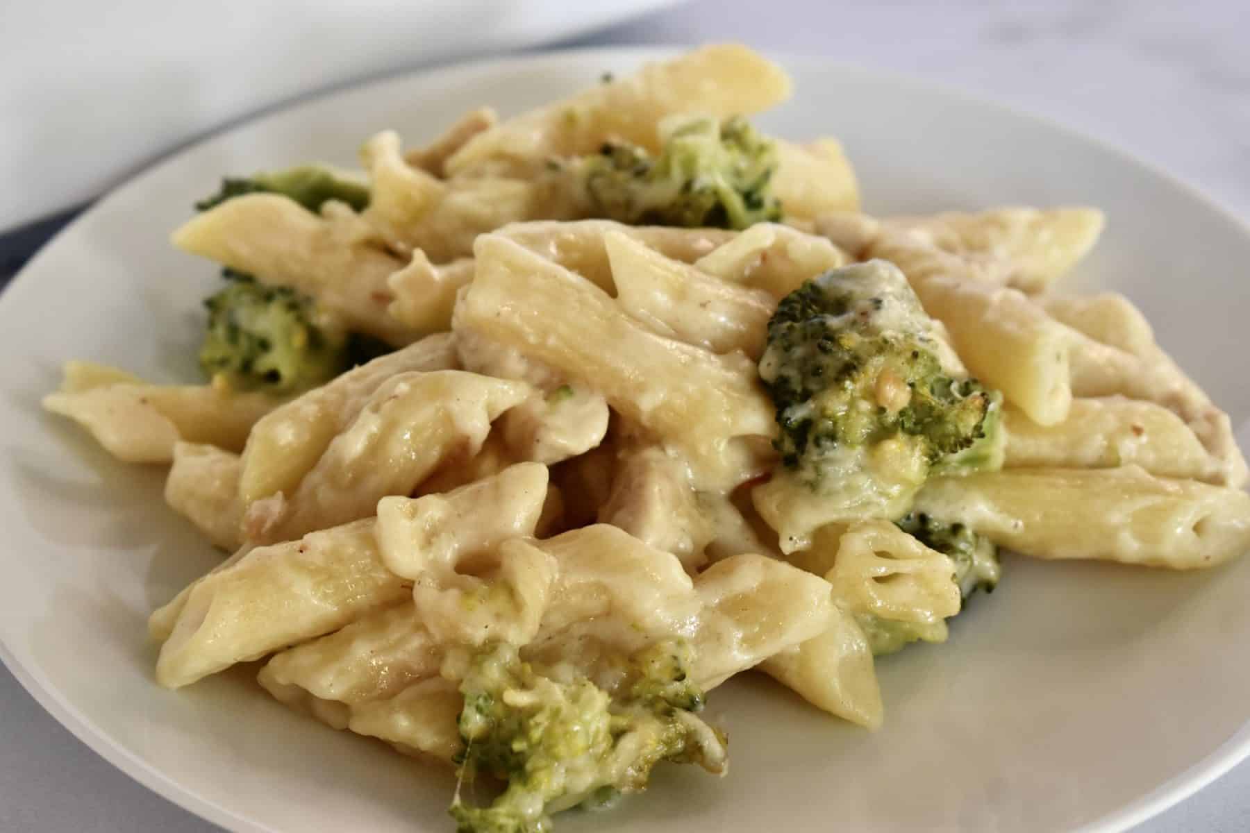 Chicken Broccoli Alfredo on a white plate. 