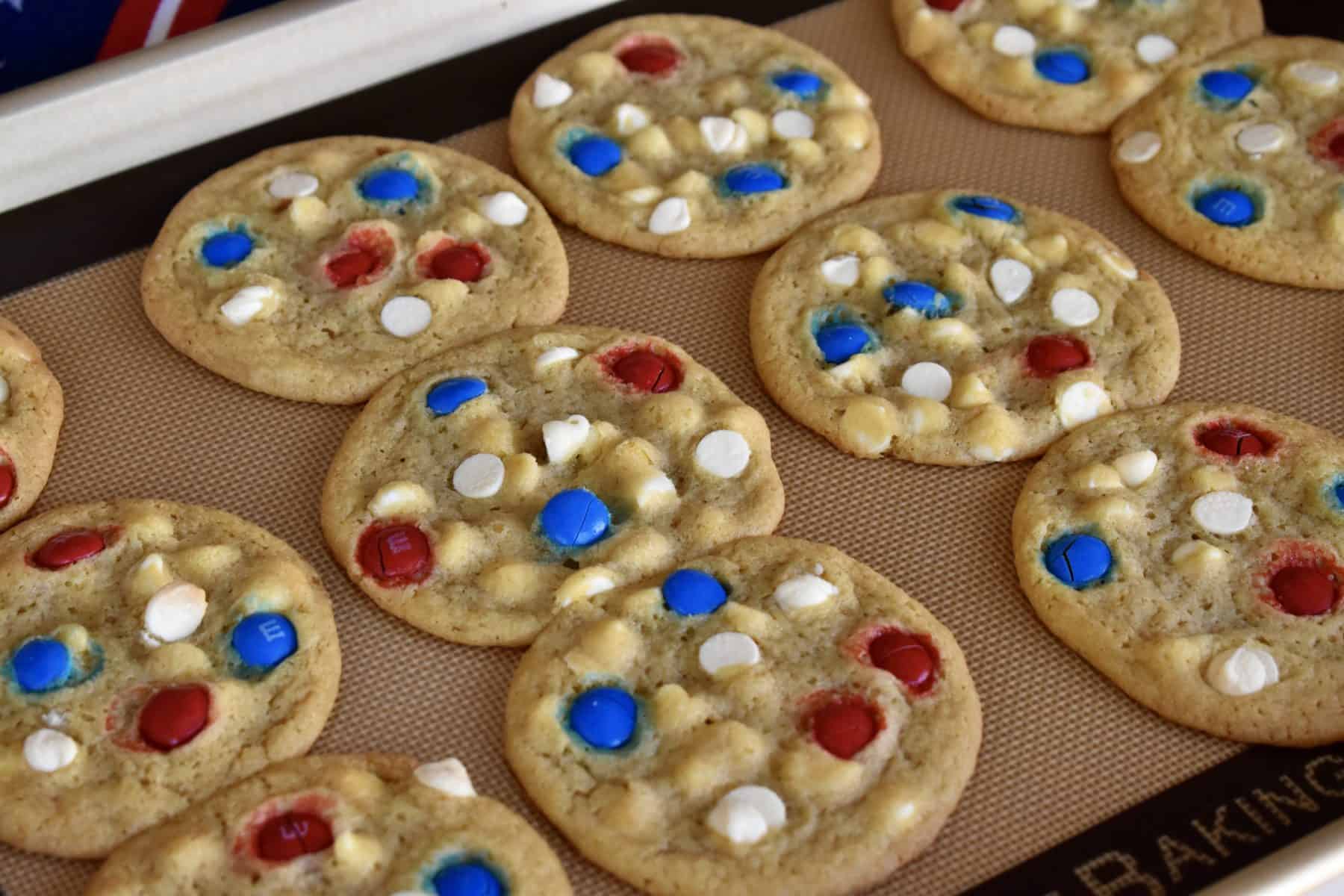 4th of July cookies on a baking sheet. 