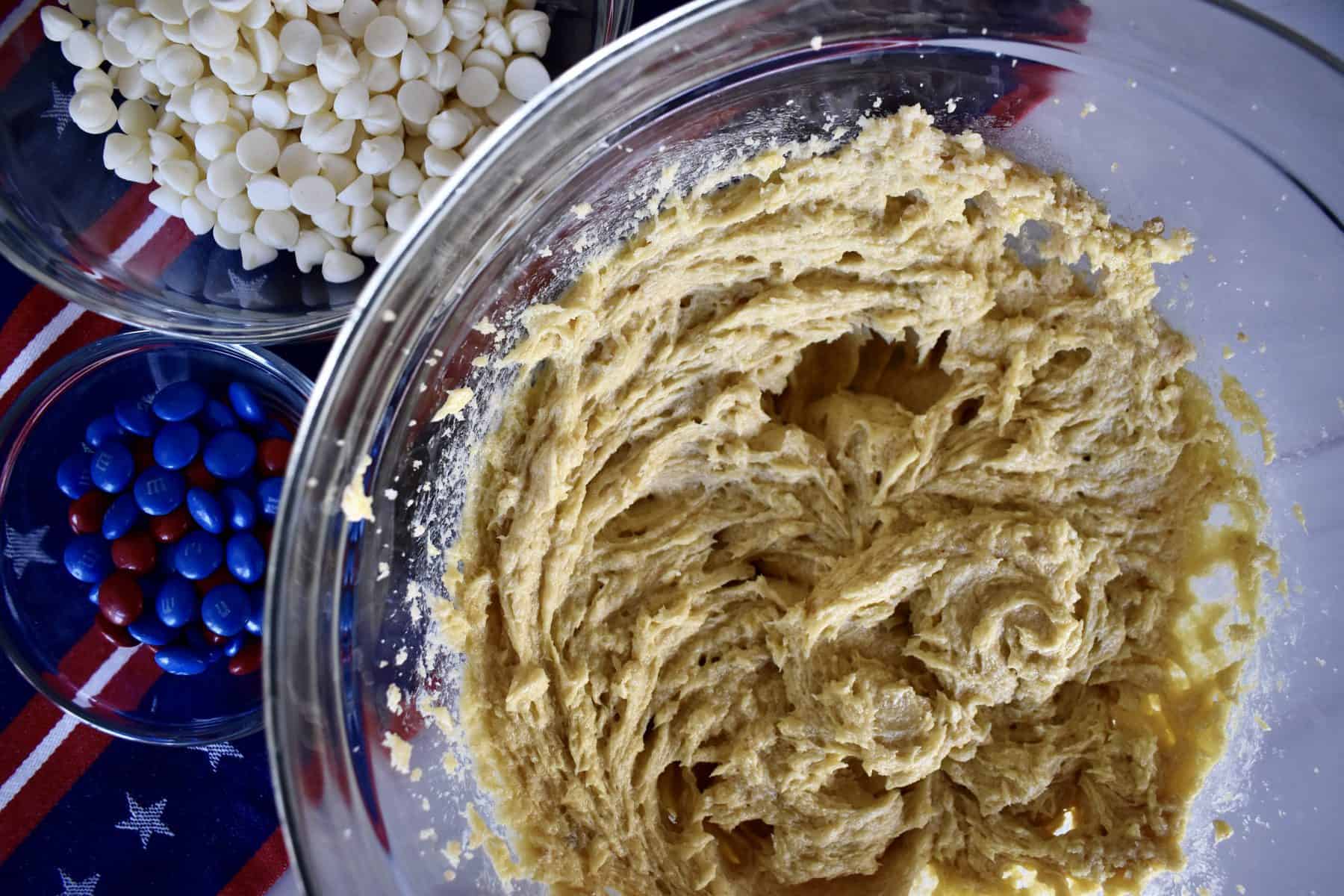 Cookie dough in a mixing bowl. 