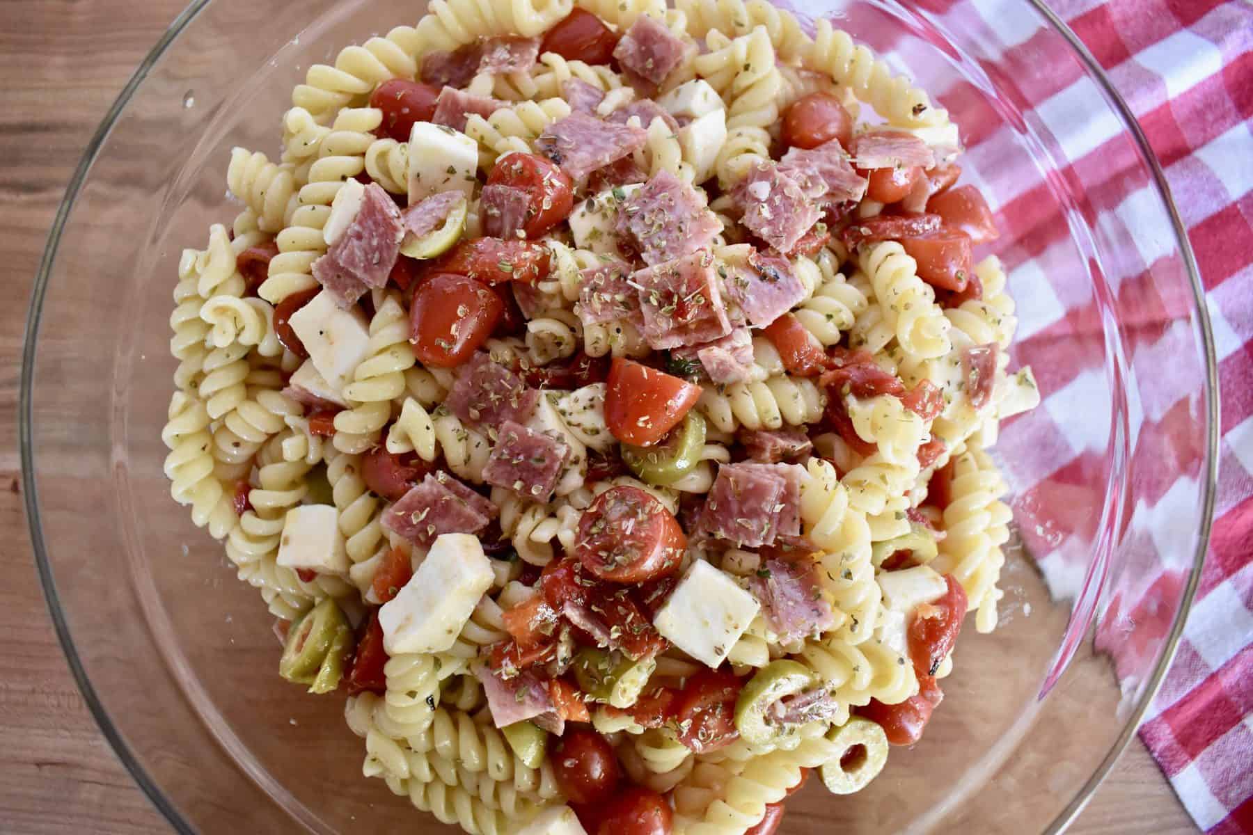 Overhead view of Italian Pasta Salad. 