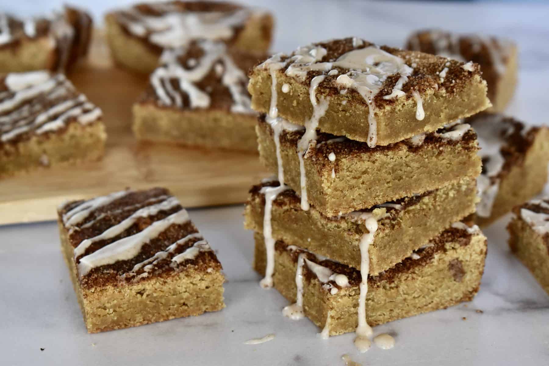 Cinnamon Sugar Blondies stacked high. 