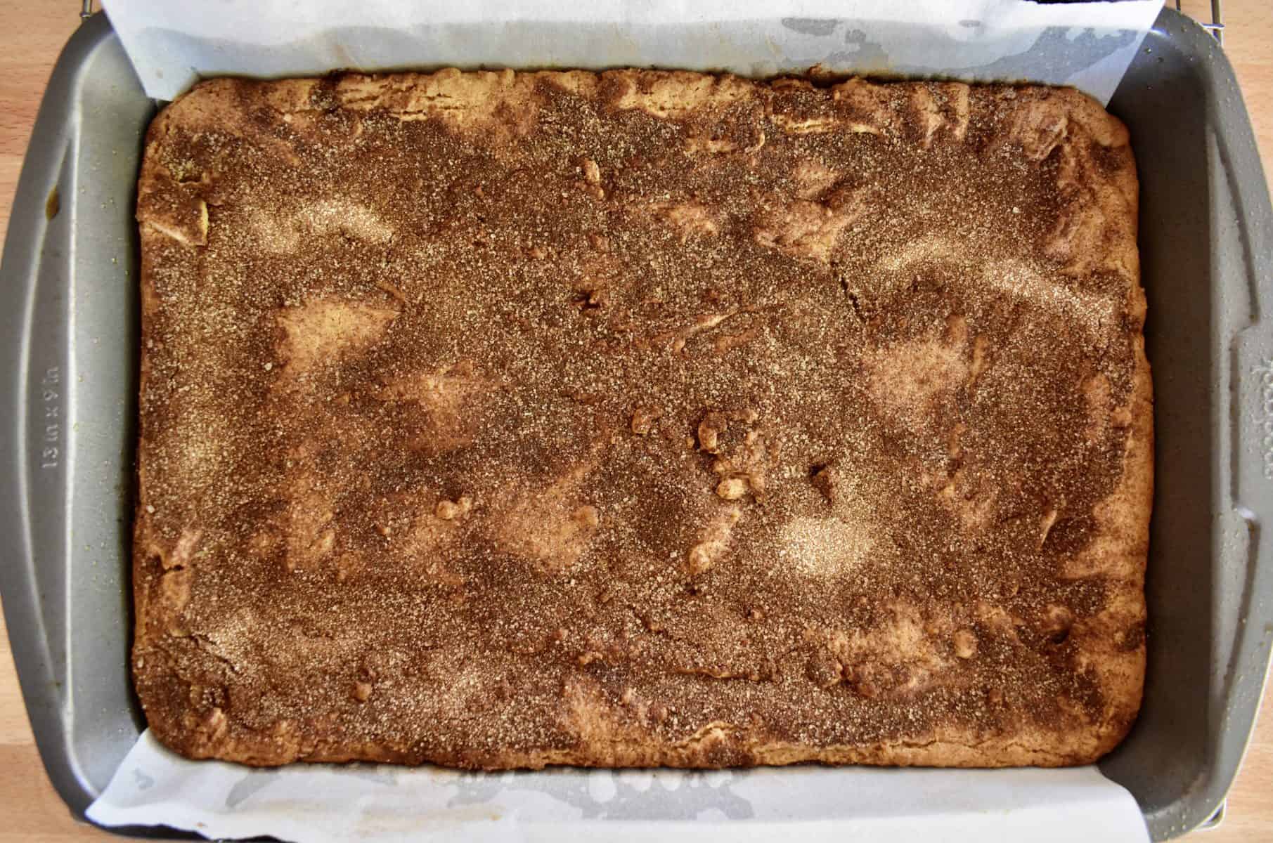 Cinnamon Sugar Blondies in the baking pan with cinnamon topping. 