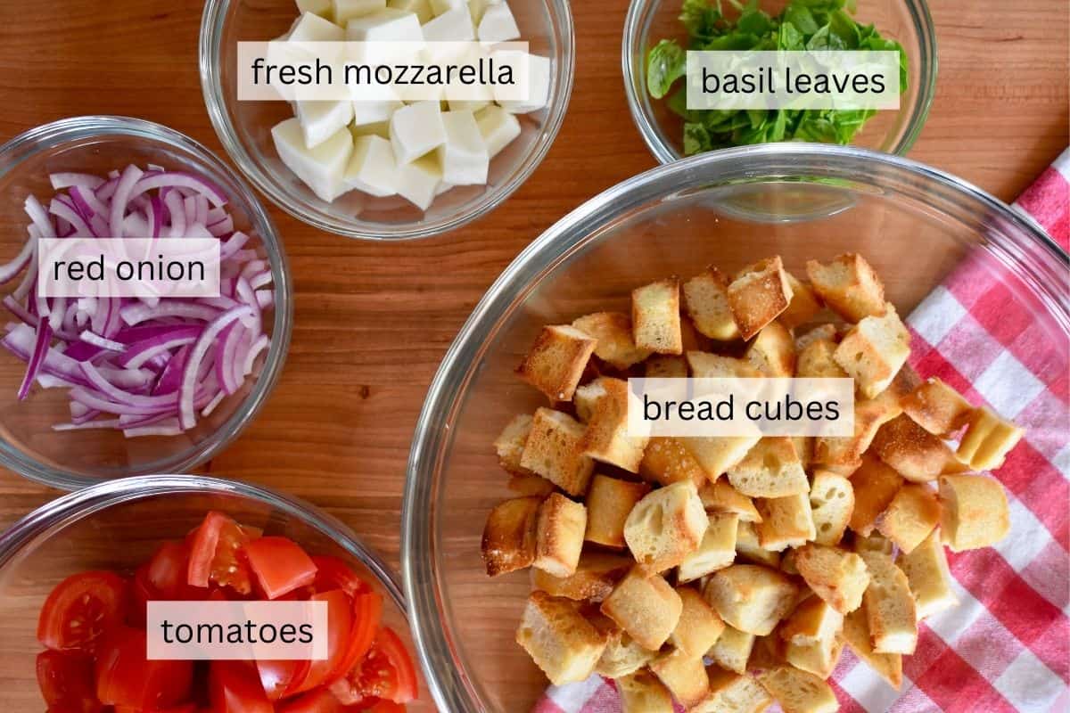 overhead photo of ingredients needed for recipe including bread cubes, mozzarella, and tomatoes. 