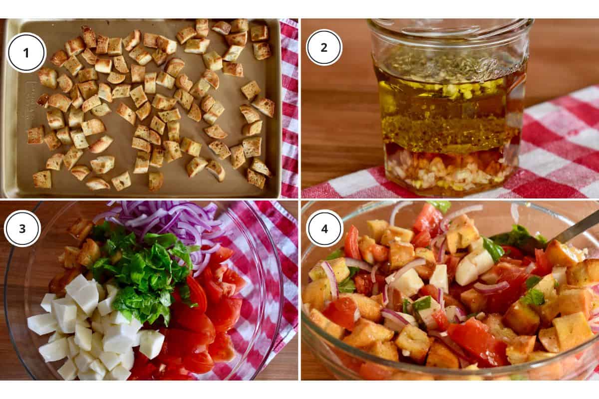 process shots showing how to make recipe including toasting the bread and tossing together the ingredients in a large bowl. 