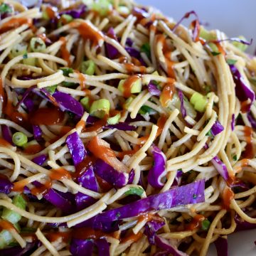 Cold Asian Noodle Salad in a white bowl.