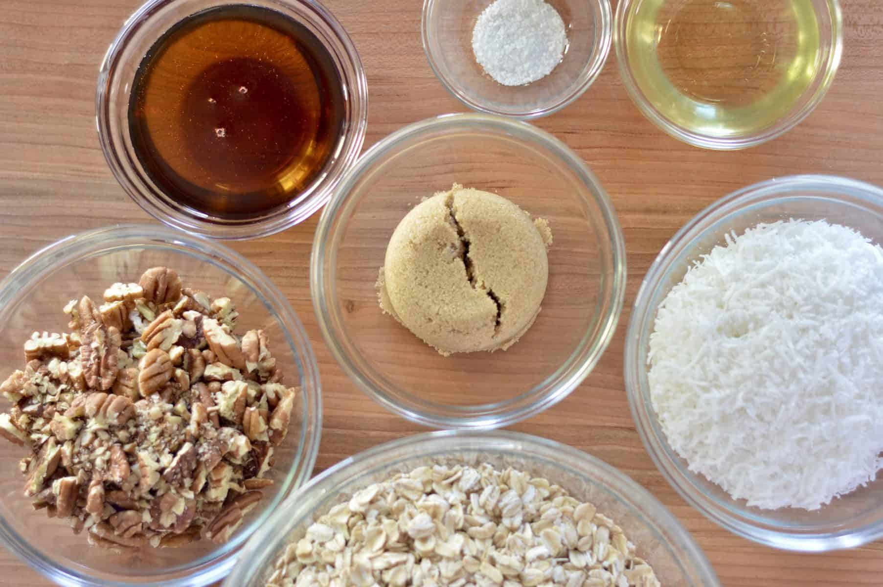 overhead photo of ingredients needed to make homemade granola. 