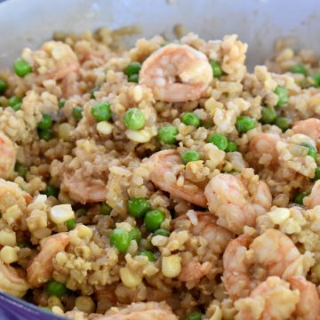 Shrimp Fried Brown Rice in a skillet.