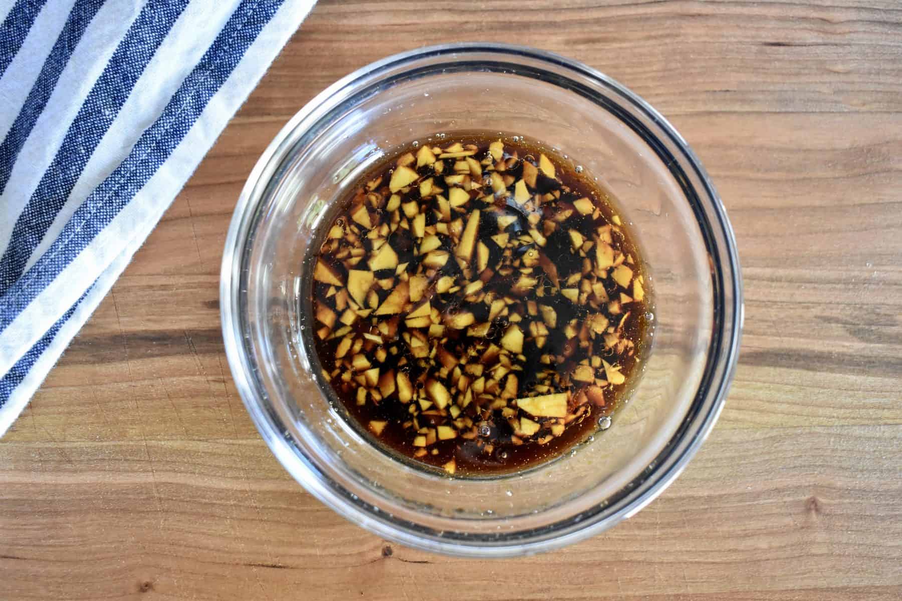 overhead photo of easy fried rice sauce in a glass bowl on a countertop. 