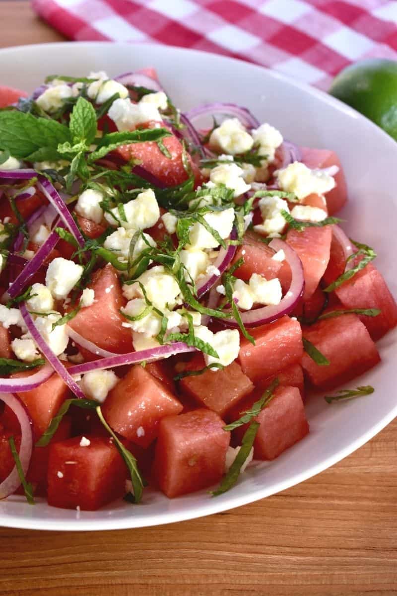 Watermelon Feta Salad in a white bowl. 