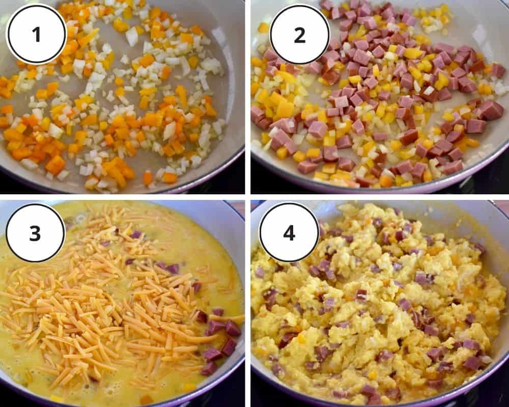 process shots showing the skillet for making eggs with kielbasa and cheddar. 