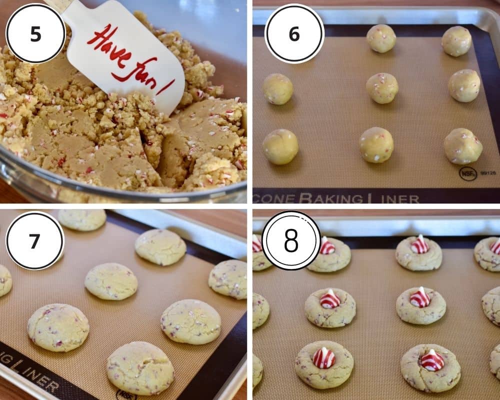 Steps 5, 6, 7, and 8 of making the Candy Cane Kiss cookies. 