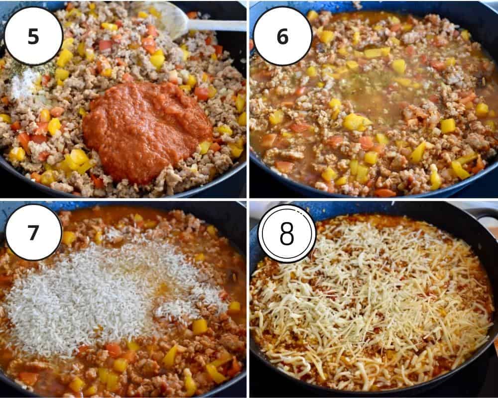 process shots showing how to make this recipe including adding the rice and topping with cheese. 