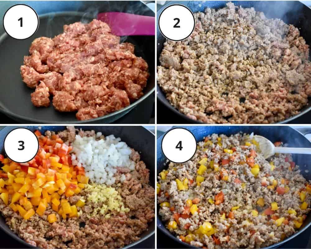 process shots 1 to 4 detailing how to make recipe including browning meat and adding spices and peppers. 