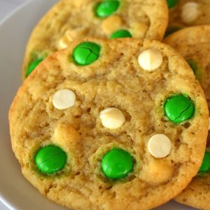 green M&M and white chocolate chip cookies.