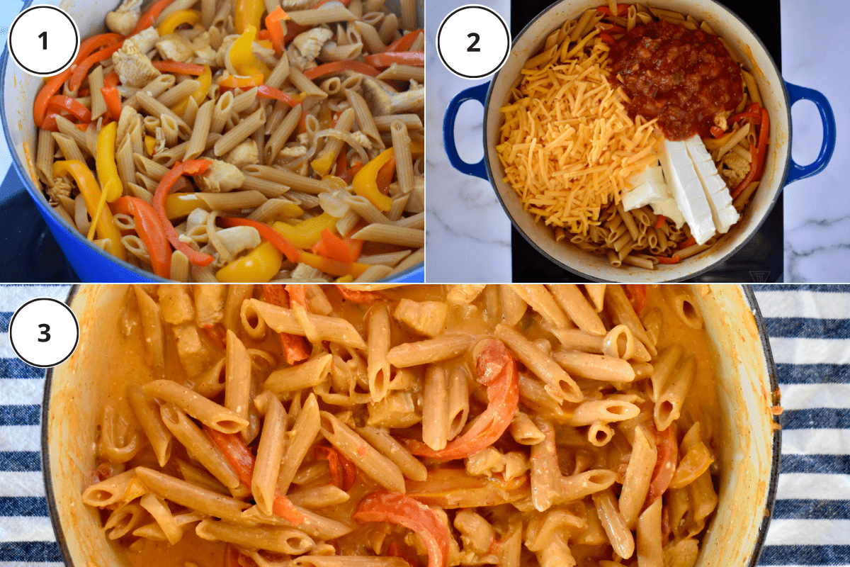 process shots showing how to add cream cheese, cheddar, and salsa to the pot of penne . 