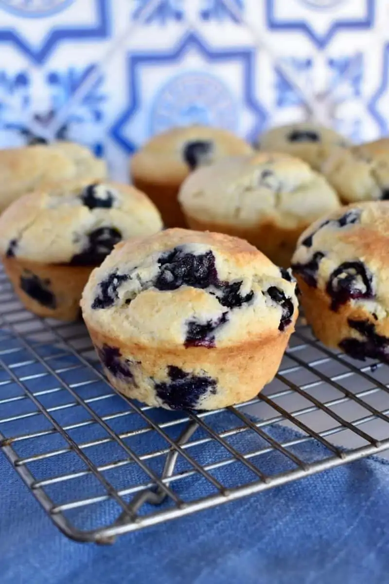 Blueberry ricotta muffins on a wire cooling rack. 
