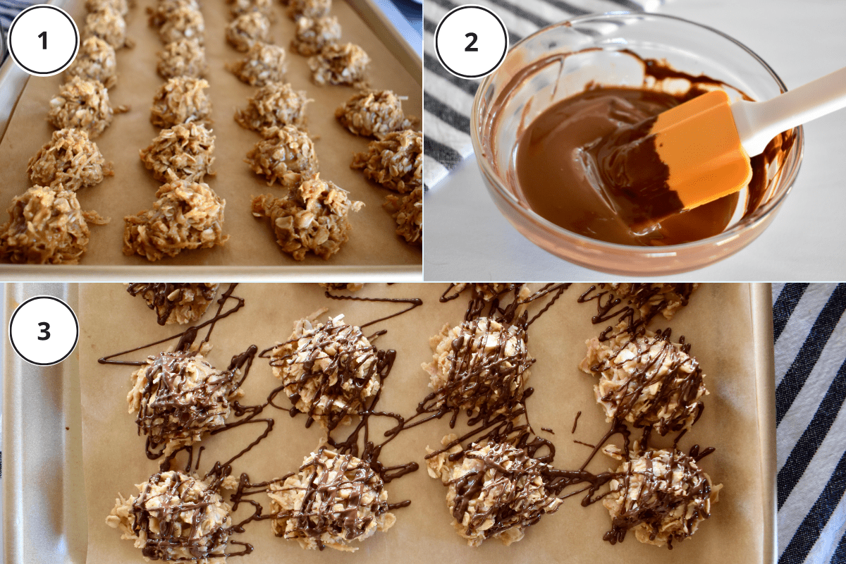 process shots showing the batter scooped onto the parchment and the chocolate being melted to drizzle overtop. 