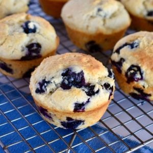 Blueberry Ricotta Muffins on a wire cooling rack.