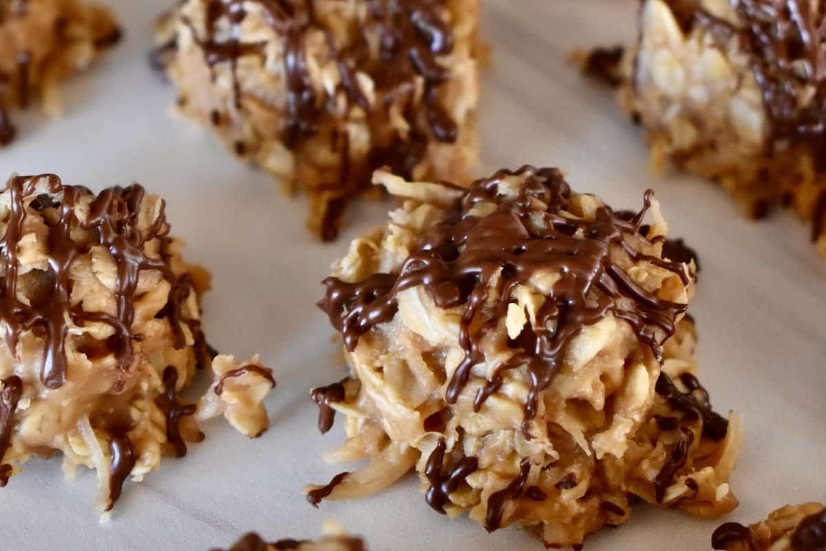 no bake cookie butter cookies with chocolate drizzled over top. 