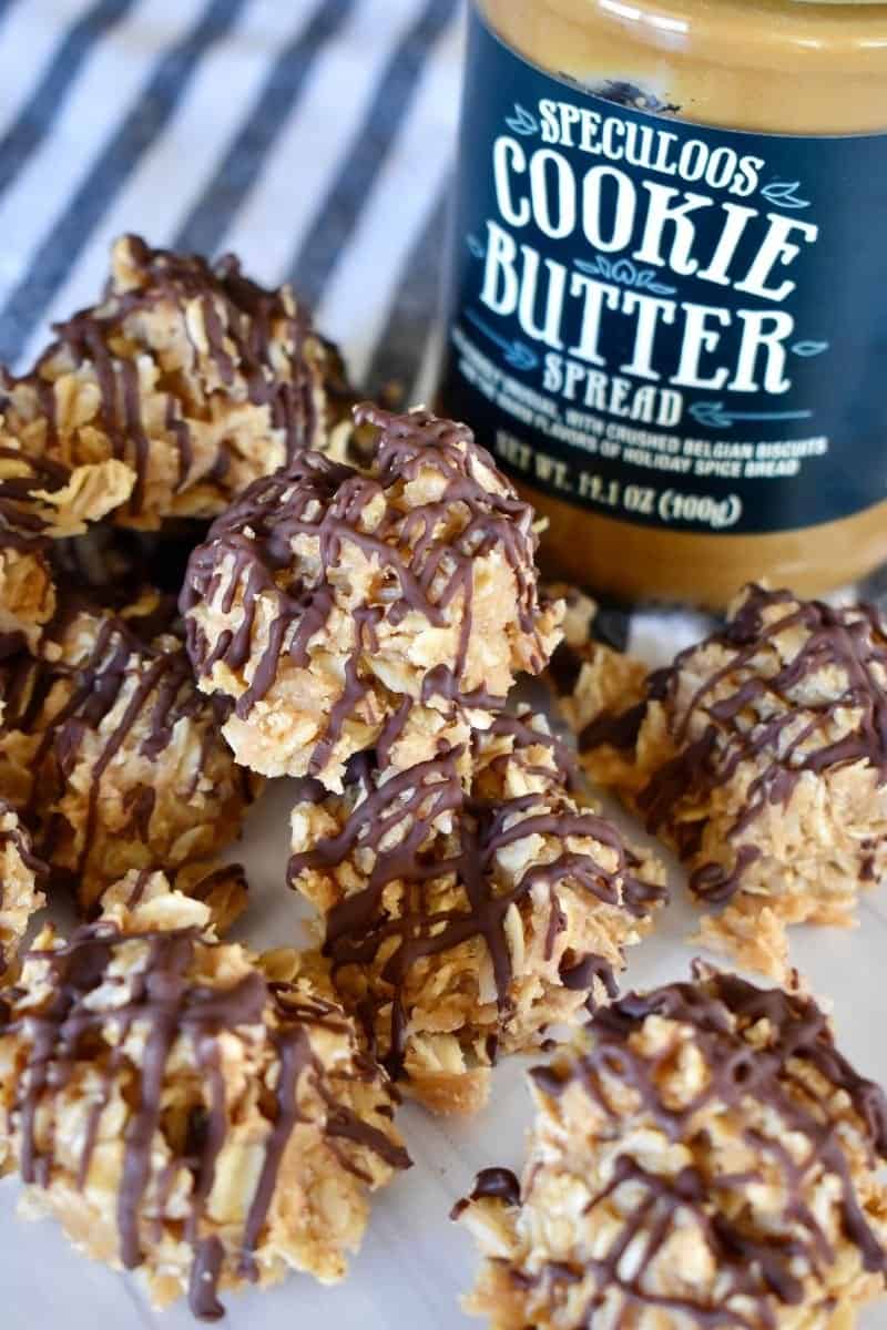 No Bake cookie butter cookies on a counter with Trader Joe's Cookie Butter in the background. 