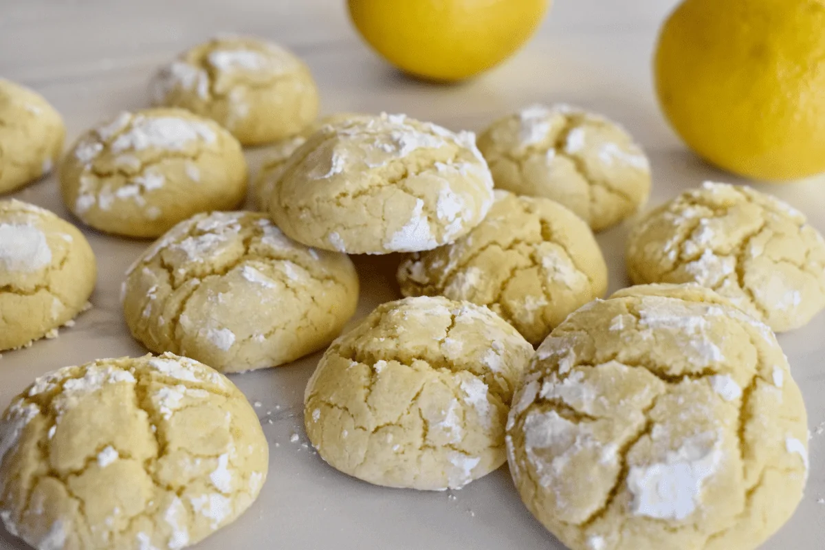 soft lemon cookies on a white countertop with lemons behind them. 