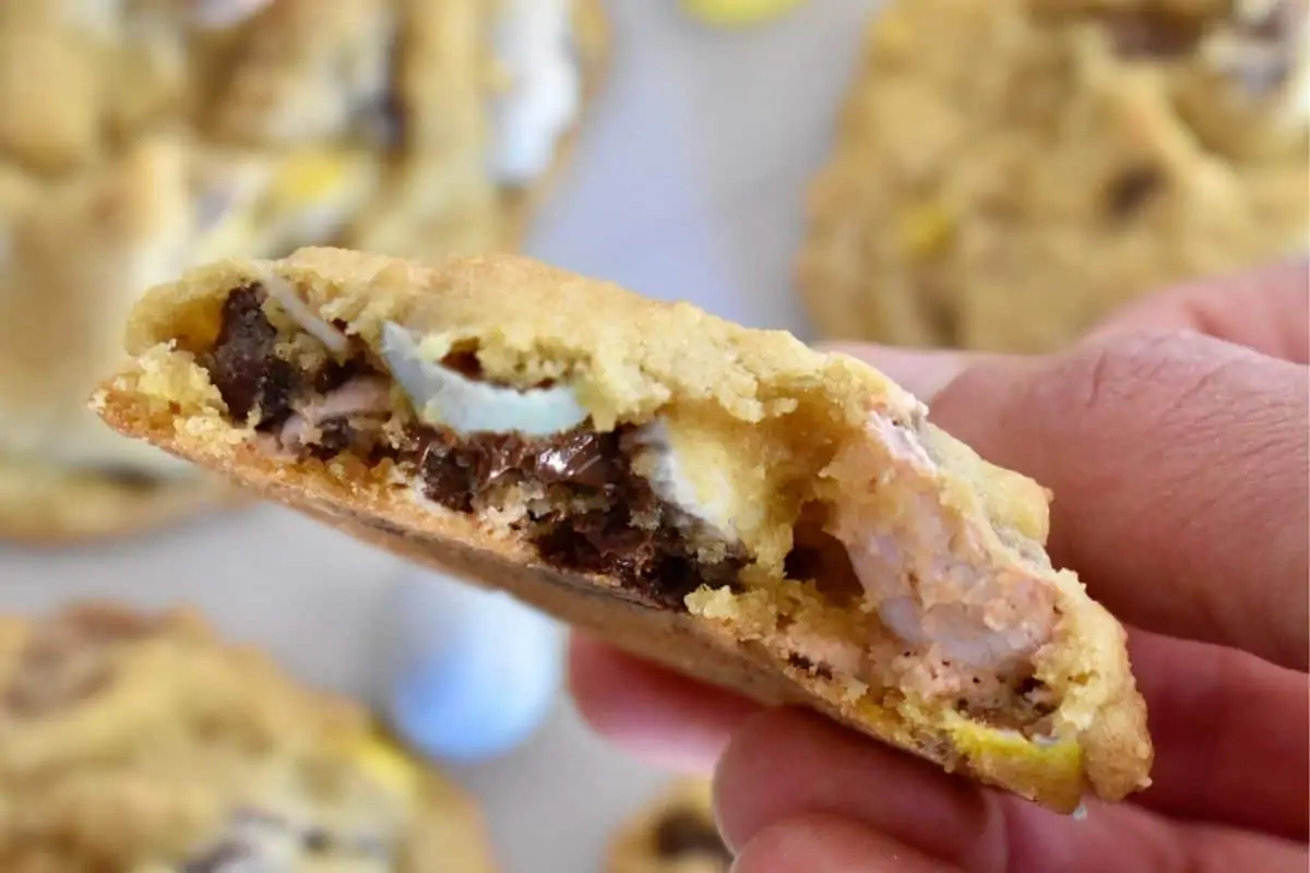 close up photo of the inside of the cadbury mini eggs cookies. 
