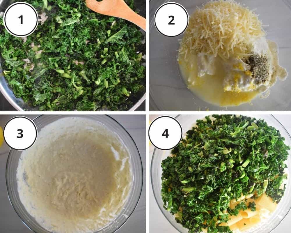overhead photos of process shots showing how to make the recipe including cooking the kale, making the sauce, and tossing it all together. 