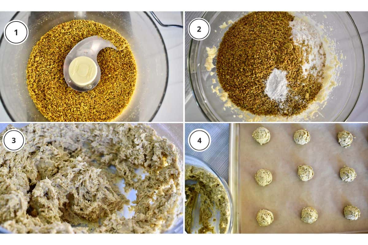 Process shots showing how to make recipe including grinding the nuts in a food processor. 