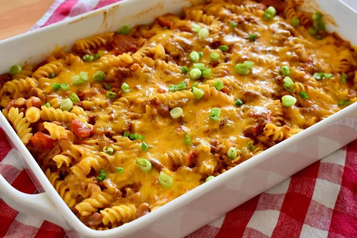 Chili Pasta bake in a white baking dish. 