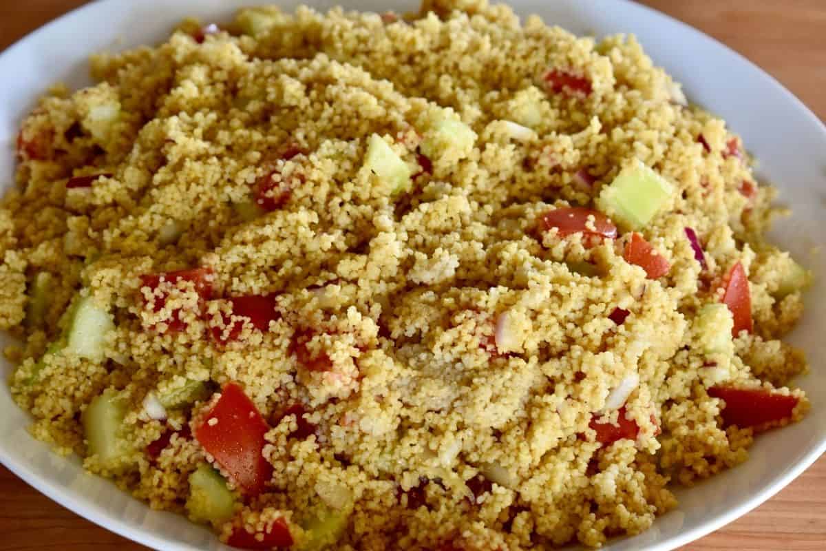Curried Couscous in a white platter 