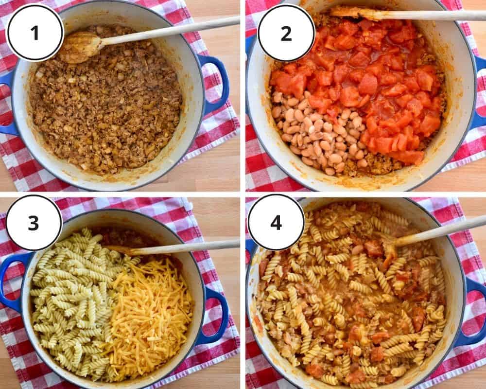 overhead photo of recipe process shots including a pot of ground turkey, beans, and cheese. 