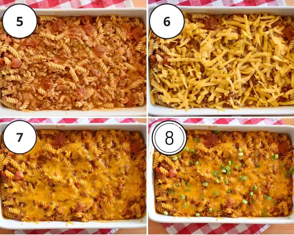 overhead photos of the recipe in a casserole dish with cheese on top. 